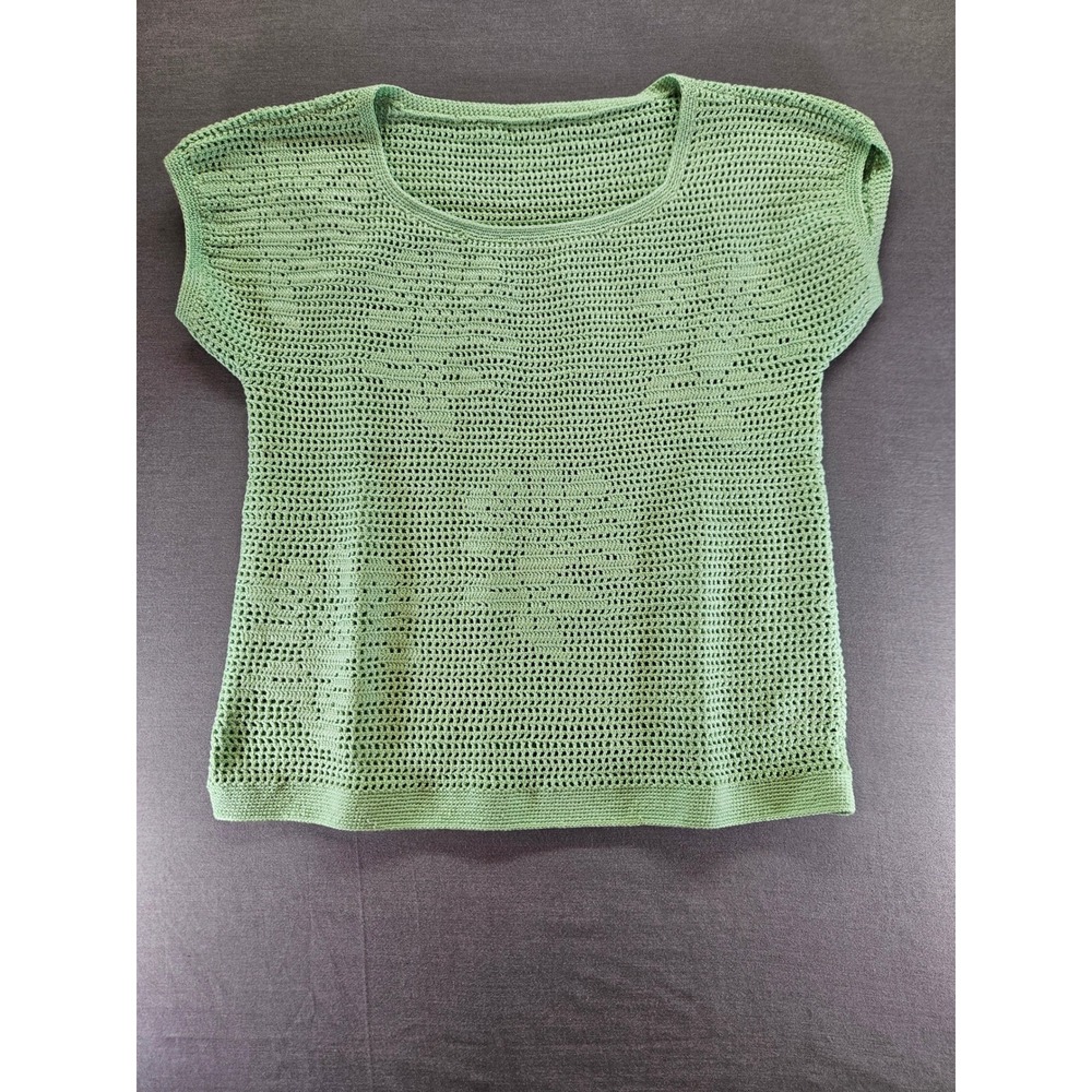 Handmade Crochet Sage Green Floral Open Knit Scoop Neck Cap Sleeve Top Boho